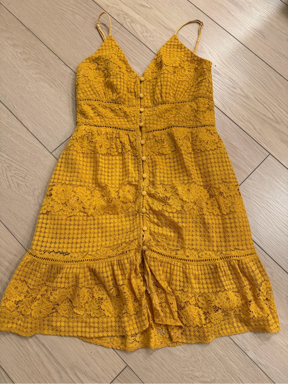 Gianni Bini Mustard Yellow Lace Midi Dress with Button Front
